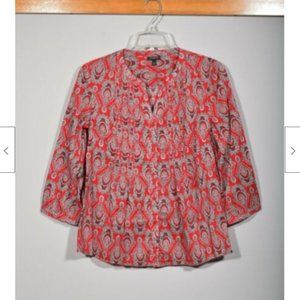 Talbots Red Bandana Paisley Print Pintuck Button Up 3/4 Sleeve Blouse Top Sz S